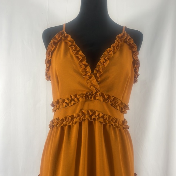 Ruffled Orange,brown dress, zipper back, adjustable spaghetti straps, Large - Picture 2 of 9